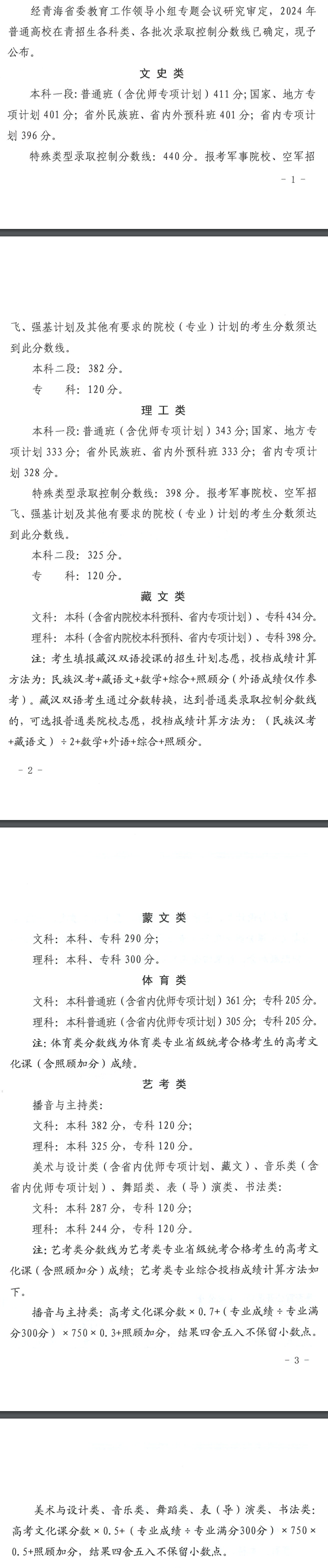 2024年青海高考分?jǐn)?shù)線一覽表（本科、?？?、特殊類型）